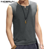 INCERUN 2019 Tank Tops Men O Neck Sleeveless Cotton Vintage Retro Men Vest Summer Streetwear Solid Casual Top Tees Plus Size